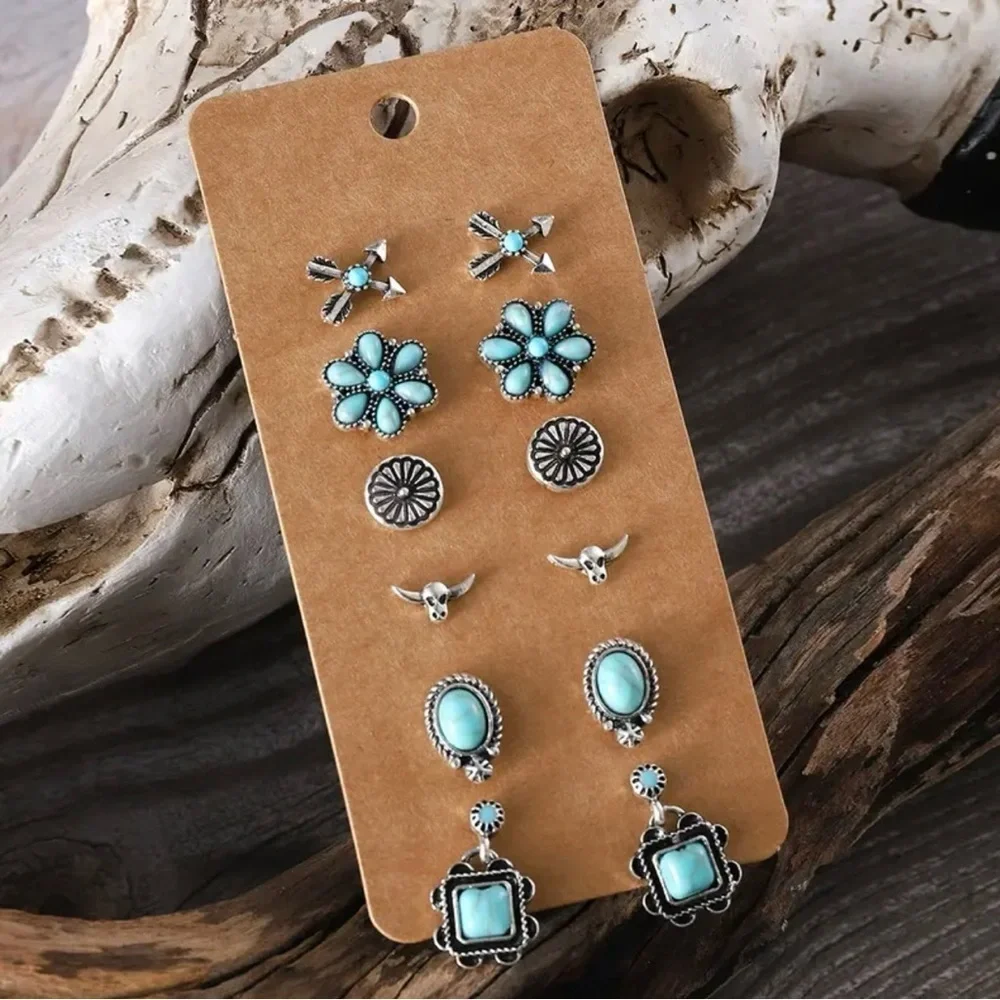 NEW 6 Pairs Vintage Western Turquoise Earrings Set, western aesthetic, jewelry